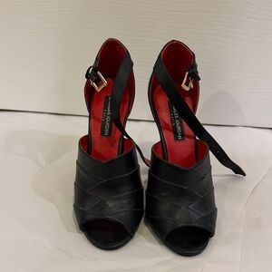 Charles Jourdan Black Leather Peep-Toe Heels with Red Lining